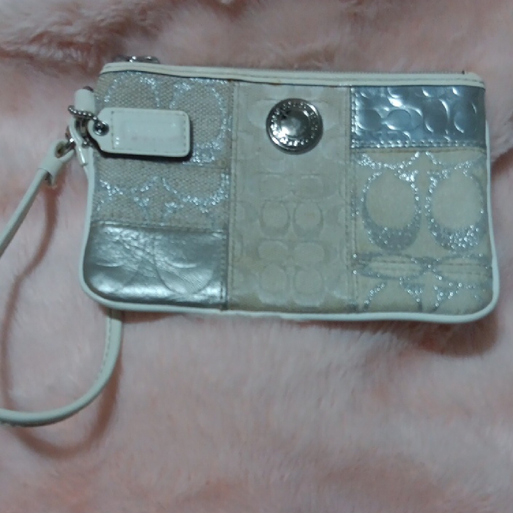 Coach Silver and Cream Patchwork Wristlet